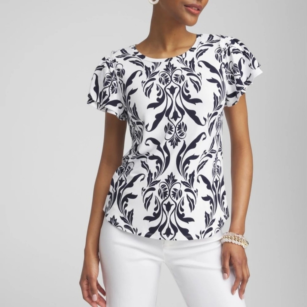 CHICOS Swirl Ruffle Sleeve Tee Sz 3 US XL Black & White - Picture 8 of 9